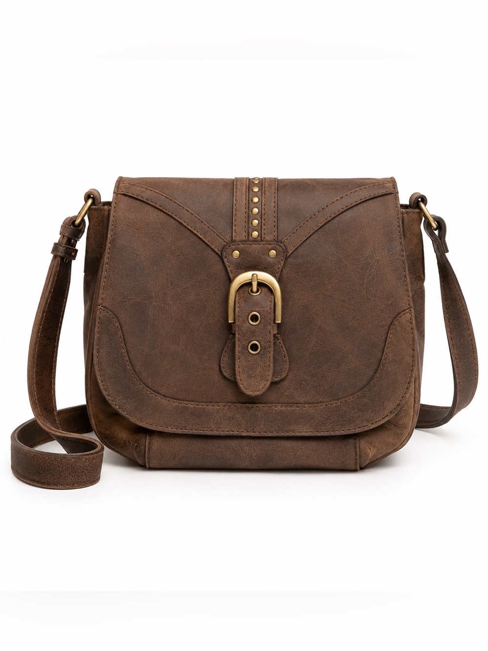 Born Brown Leather Hobo Crossbody with Brass Buckle